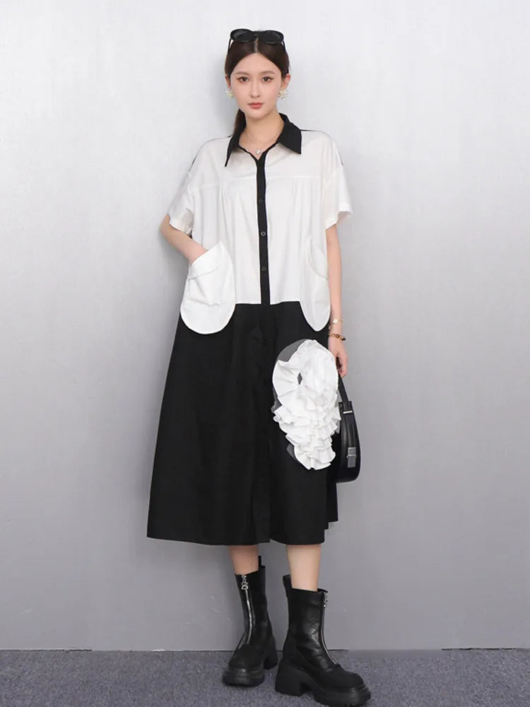2025 Summer New Turn-down Collar Short Sleeve Single Breasted Dress Women