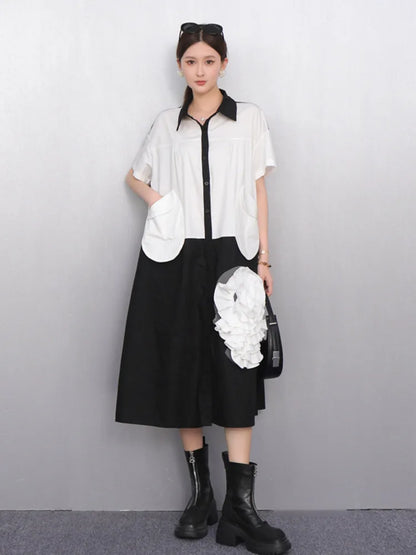 2025 Summer New Turn-down Collar Short Sleeve Single Breasted Dress Women