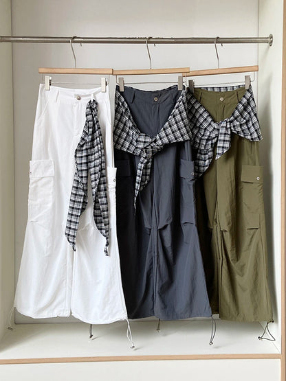 Army Green High Waist Wide Leg Folds Cargo Pants New 2025