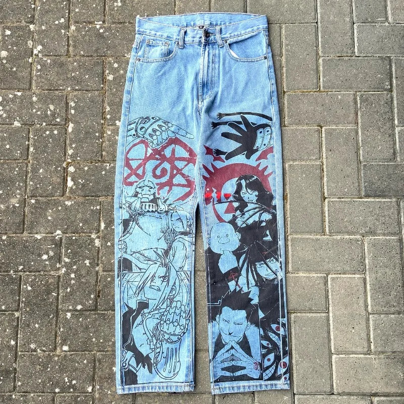 Y2K Anime Baggy Denim Pants Trend Hand Drawn Printed Pattern Unisex Jeans