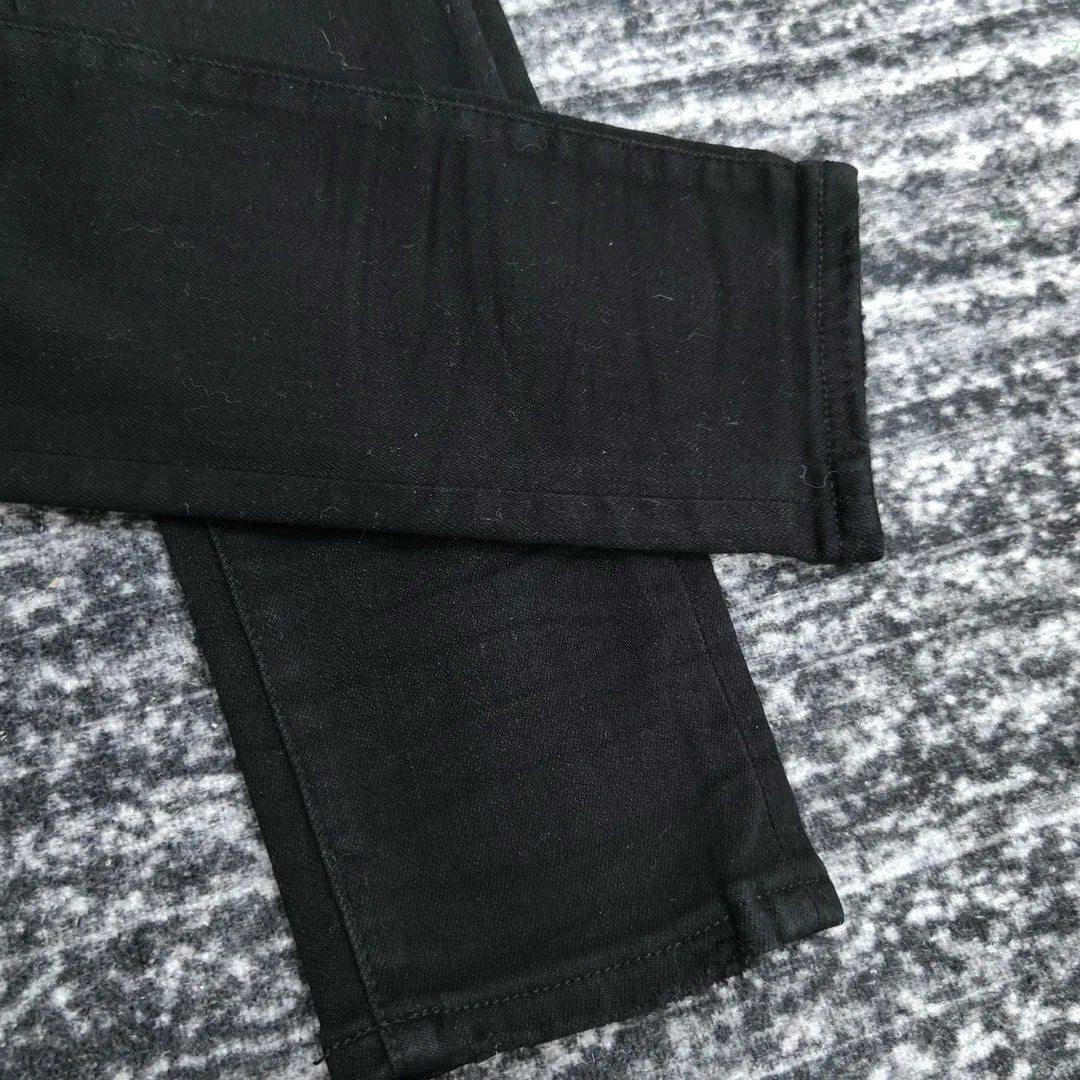 Men's Paisley florals prints leather ribbed patch distressed black jeans