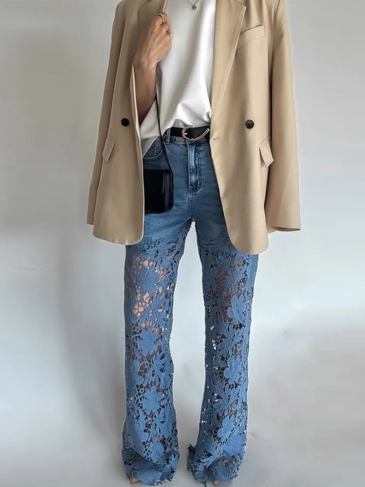 Plus Size Lace Spliced Elegant Denim Jeans New 2025