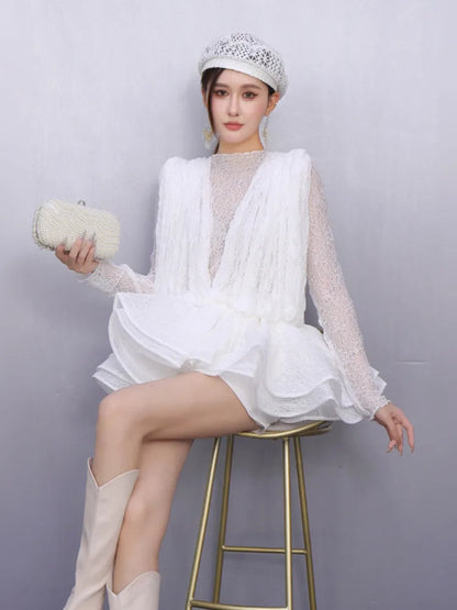 2025 Autumn New Women's Set Loose 3D Lace Hem Top Two Piece Fashion Elegant