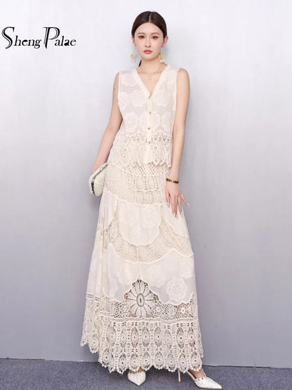 New Elegant V-Neck Lace Embroidery Single Shirt and Skirt Summer Outfit Set