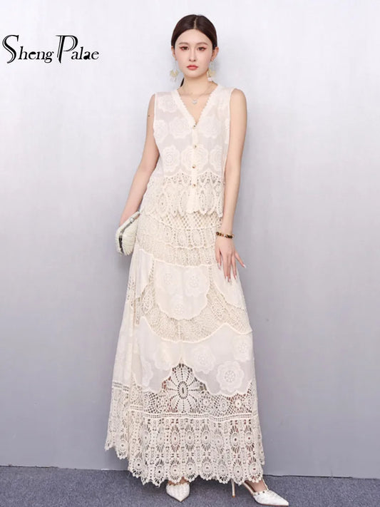 New Elegant V-Neck Lace Embroidery Single Shirt and Skirt Summer Outfit Set