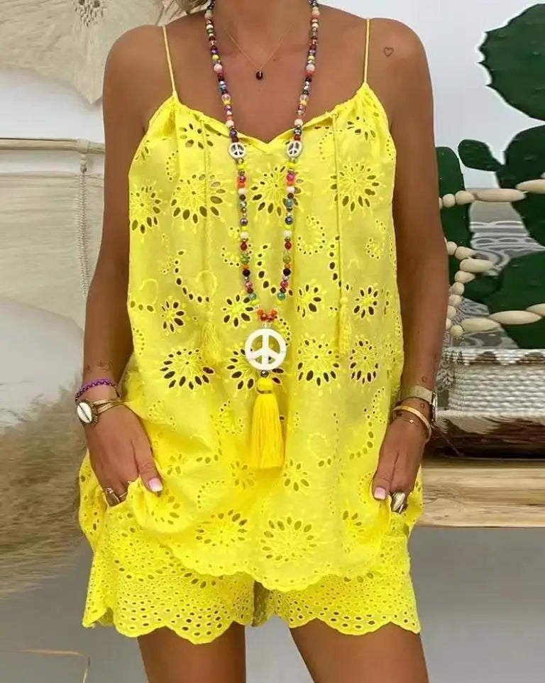 New Two Piece Sets Embroidered Summer Top Shorts for Women 2025