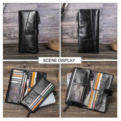 Genuine Leather Men's Long Wallet With Phone Bag Zipper Coin Pocket Purse Male Clutch