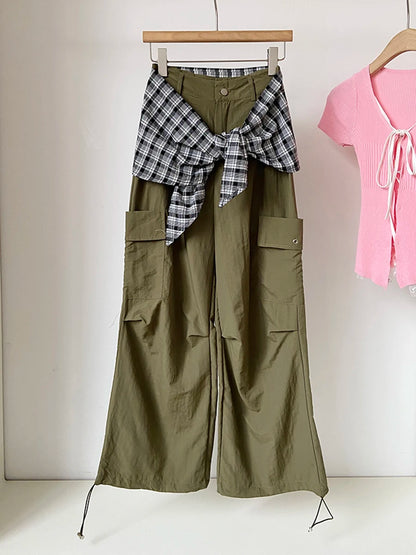 Army Green High Waist Wide Leg Folds Cargo Pants New 2025