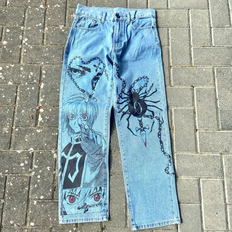 Y2K Anime Baggy Denim Pants Trend Hand Drawn Printed Pattern Unisex Jeans