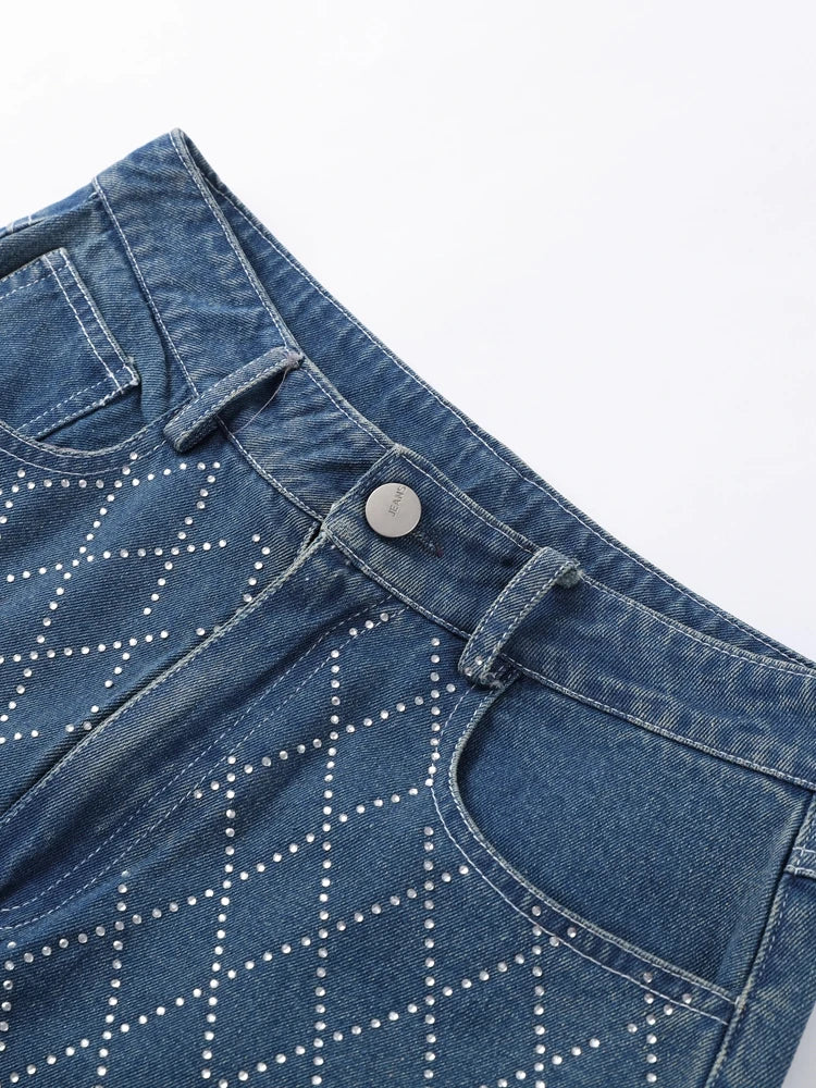 Trendy Shiny Denim Jeans Pant With Rhinestones For Women Diamond-Patterned Trousers