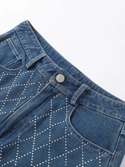 Trendy Shiny Denim Jeans Pant With Rhinestones For Women Diamond-Patterned Trousers