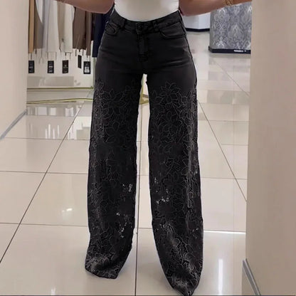 Plus Size Lace Spliced Elegant Denim Jeans New 2025