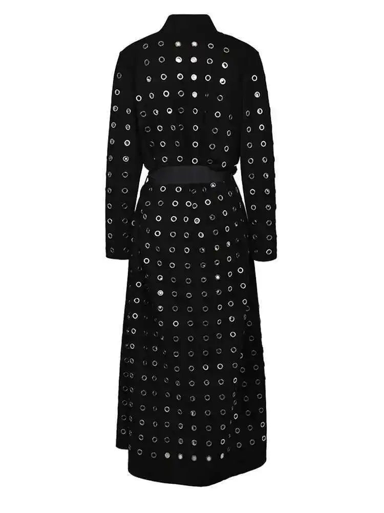 Women’s Black Hollow Out Long Sleeve Trench Jacket 2025