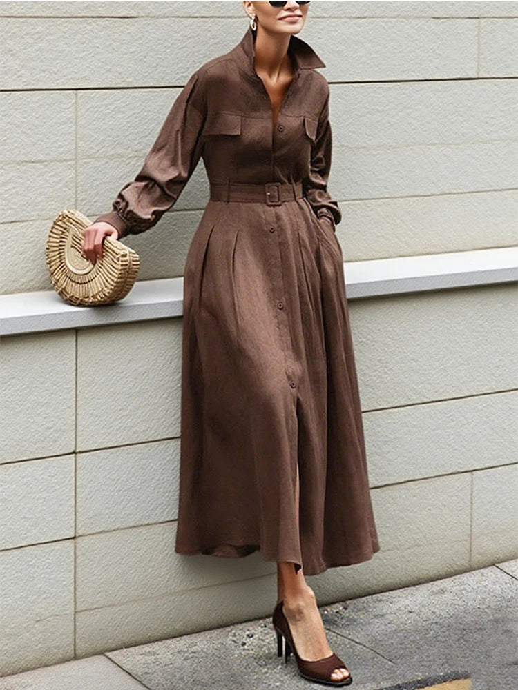 Long Sleeve Lapel Shirt Dress Pleated Belt Maxi Dress Fall 2025