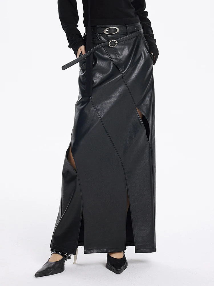 High Waist Black PU Leather Hollow-Out Back Slit Elegant Pencil Skirt New 2025