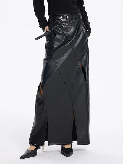 High Waist Black PU Leather Hollow-Out Back Slit Elegant Pencil Skirt New 2025