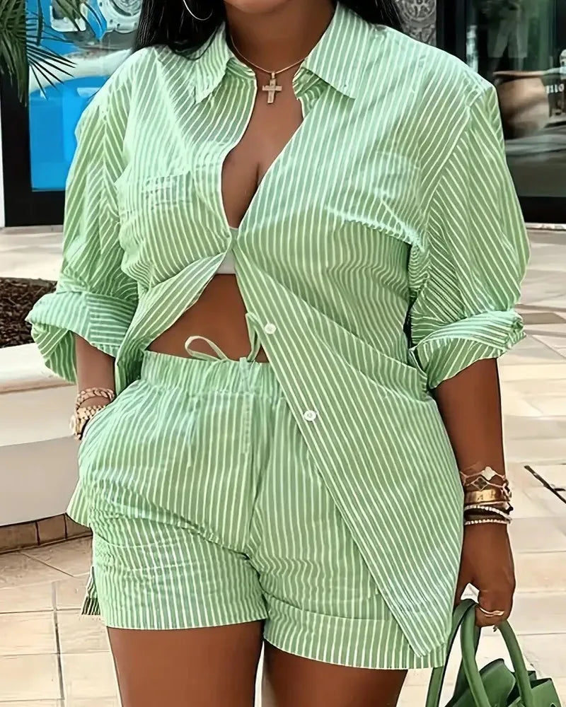 Spring Shirt Two Piece Set For Women Summer Fashion Print Shorts 2 Piece Sets