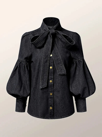 New Trendy Imitation Denim Blouse Puff Sleeves & Bow Neck for Women