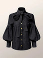 New Trendy Imitation Denim Blouse Puff Sleeves & Bow Neck for Women