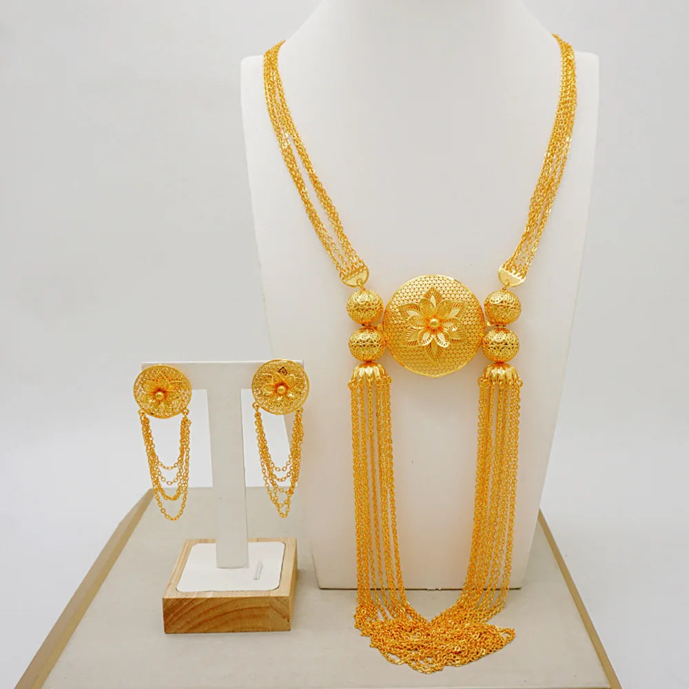 Necklace & Earrings (Tassel Style) for Women, 24K Gold, AU999 Gold-inlaid vine with twisted-leaf tassels, embodying forest grace
