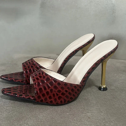 Glamorous Crocodile Texture High Heel Sandals - Chic Slip-On Stilettos with Pointy Peep Toe