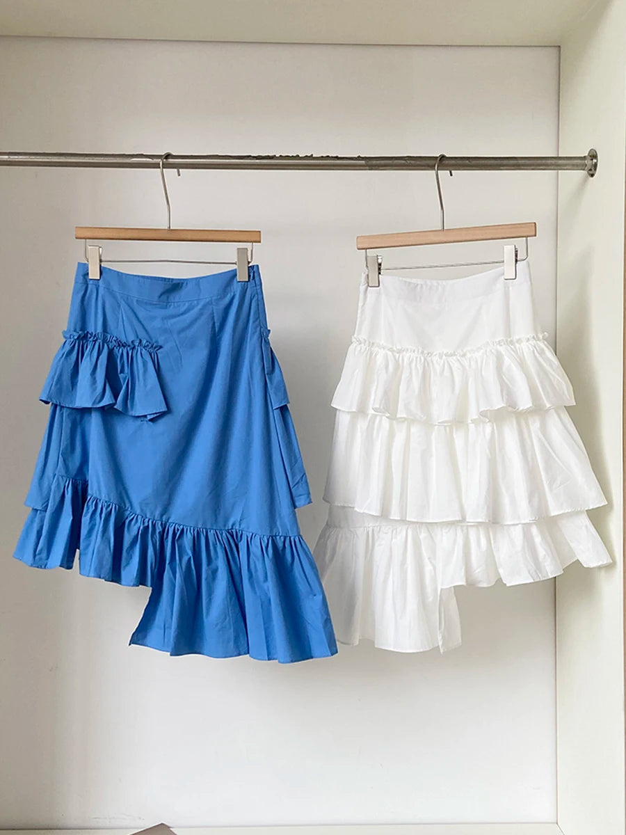 Blue High Waist Irregular Ruffles Knee-Length Skirt Women Fashion New 2025
