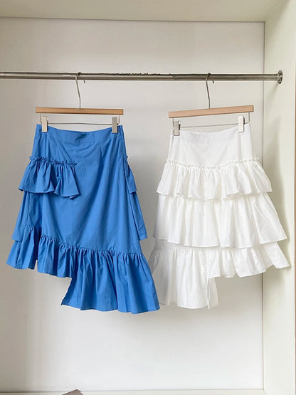 Blue High Waist Irregular Ruffles Knee-Length Skirt Women Fashion New 2025