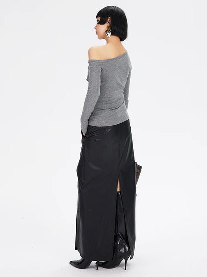 High Waist Black PU Leather Hollow-Out Back Slit Elegant Pencil Skirt New 2025