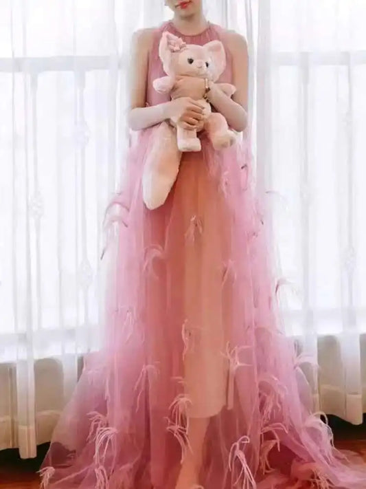 Flowing Feathered Elegant Formal Dress for Spring 2025