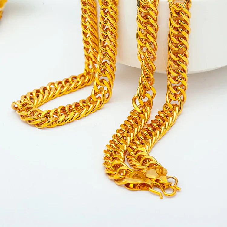 Wide 8mm Gloss Double Buckle Boss Necklace Luxury 24K 9999 Pure Gold real gold Atmospheric Men's Necklace