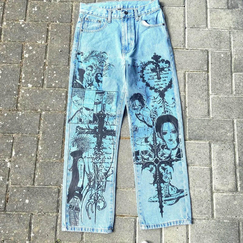Y2K Anime Baggy Denim Pants Trend Hand Drawn Printed Pattern Unisex Jeans