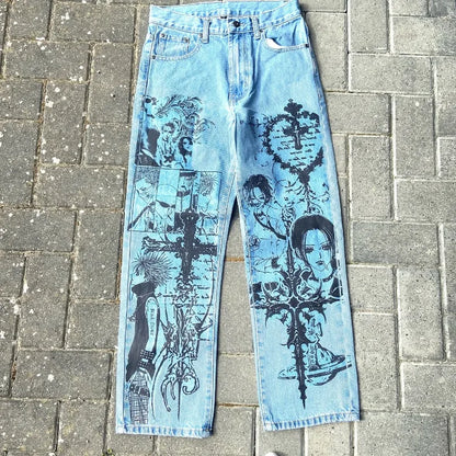 Y2K Anime Baggy Denim Pants Trend Hand Drawn Printed Pattern Unisex Jeans