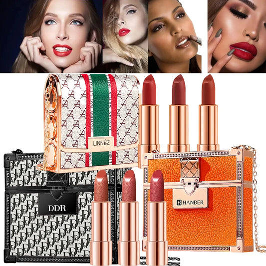 Makeup Korean Matte Lipstick Set Waterproof Long Lasting Leather Bag Velvet Vitamin Lip Gloss Kit Box