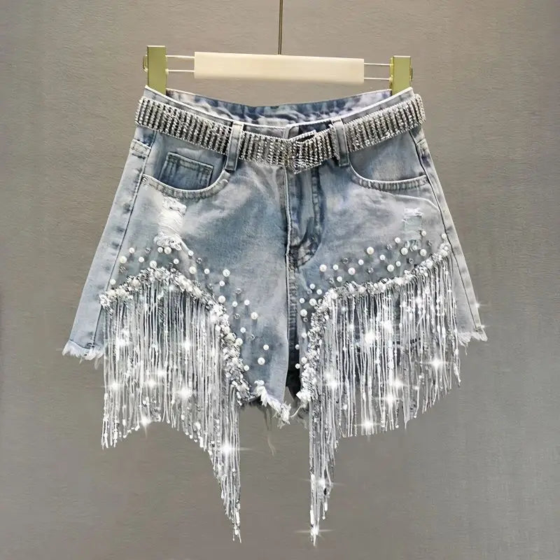 New Beaded High Waist Denim Shorts Women 2025