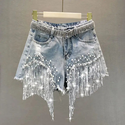 New Beaded High Waist Denim Shorts Women 2025