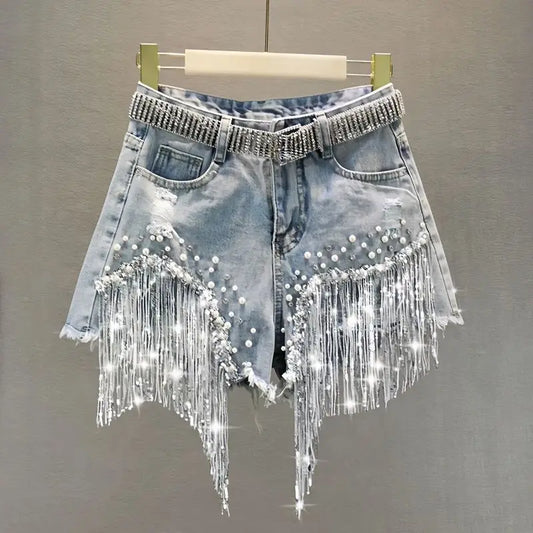 New Beaded High Waist Denim Shorts Women 2025