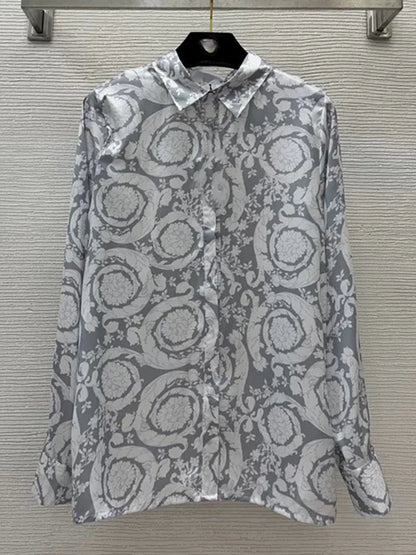 Luxury geometric printing long-sleeved shirt spring and summer new two-piece suit+high waist pleated skirt fashion women's suit