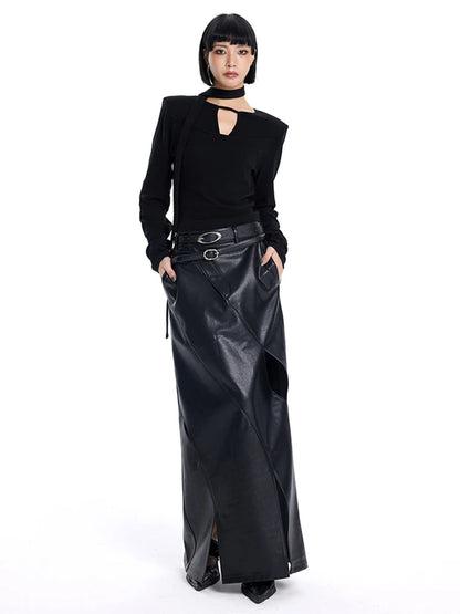 High Waist Black PU Leather Hollow-Out Back Slit Elegant Pencil Skirt New 2025