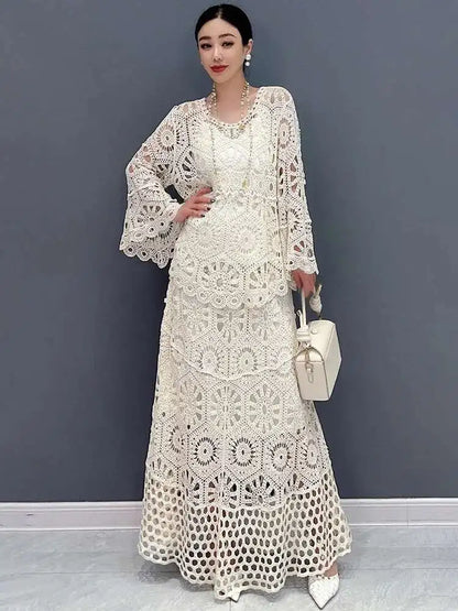 Elegant & Effortless: 2025 Lace Hollow Top and Swing Skirt Set