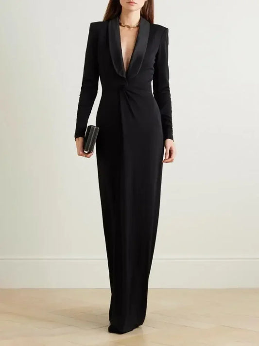 Women's Solid Black Skinny Evening Dress Deep V-Neck Party Dress Autumn 2025