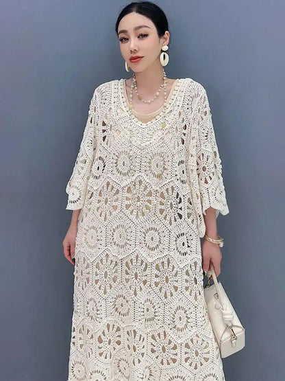 Women's Dress Hooked Flower Hollow Elegant Fashion Loose Beautiful Long Dresses 2025
