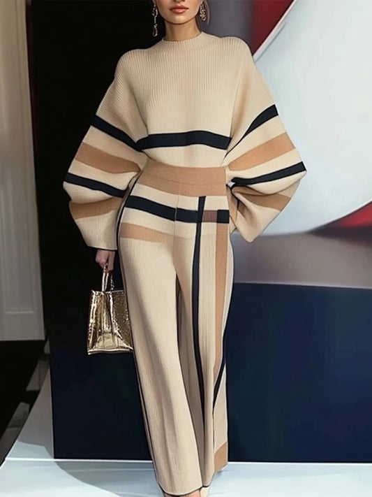 2 Piece Sets Women Outfit Pant Sets 2025 New Round-Neck Pullovers Khaki Sweater Striped  Tops & Bottoms
