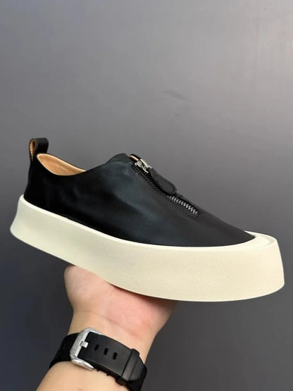 Handmade Fashion Men Zipper Loafers Thick Platform Cowhide Genuine Leather Casual Shoes