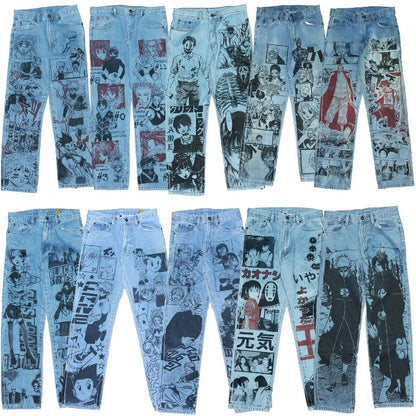 Y2K Anime Baggy Denim Pants Trend Hand Drawn Printed Pattern Unisex Jeans