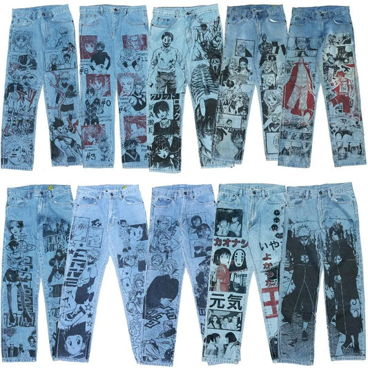 Y2K Anime Baggy Denim Pants Trend Hand Drawn Printed Pattern Unisex Jeans