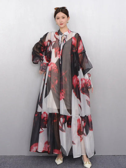 2025 Summer New O Neck Long Sleeve Loose Mid Long Styles Girdling Waist Dress Women