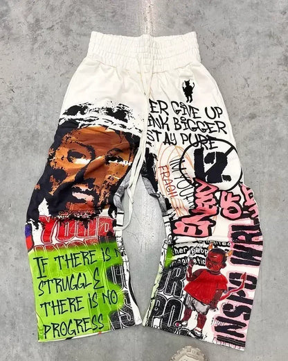 American Letter Patch Retro Double Layer Design Y2K Baggy Sweatpants