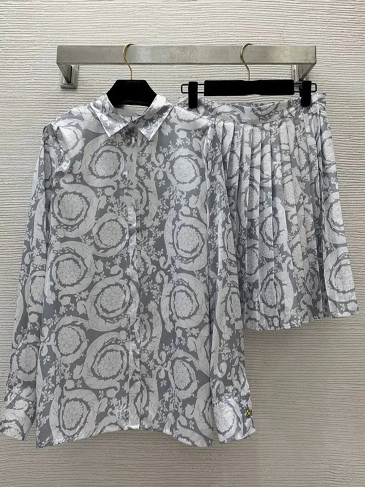 Luxury geometric printing long-sleeved shirt spring and summer new two-piece suit+high waist pleated skirt fashion women's suit