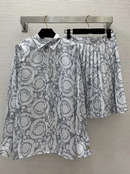 Luxury geometric printing long-sleeved shirt spring and summer new two-piece suit+high waist pleated skirt fashion women's suit