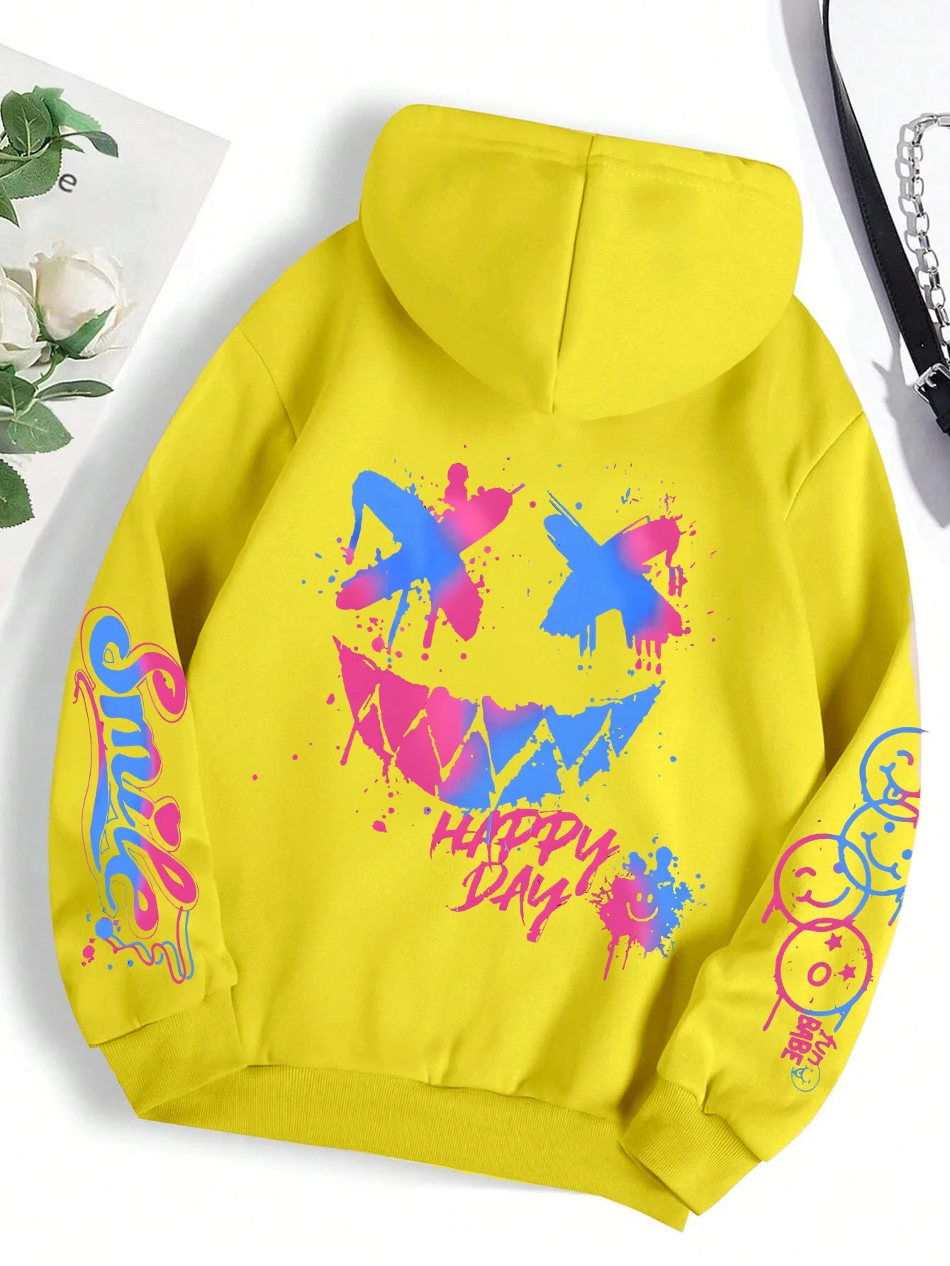 Happy Day Graffiti Print Women Hoodie Oversize Street Hip-Hop Hoody Fashion